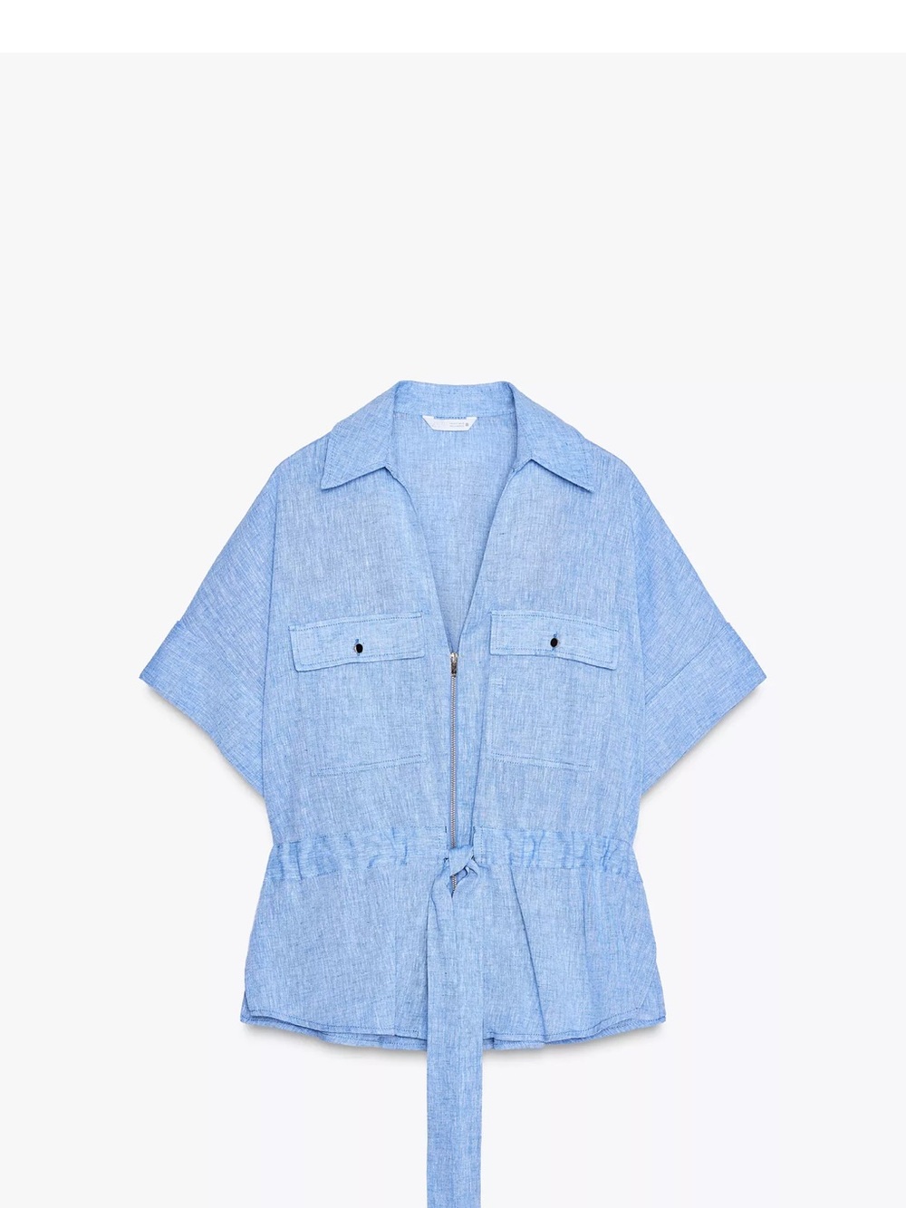 Zara Light Blue Linen-Blend Zip Front Utility Top